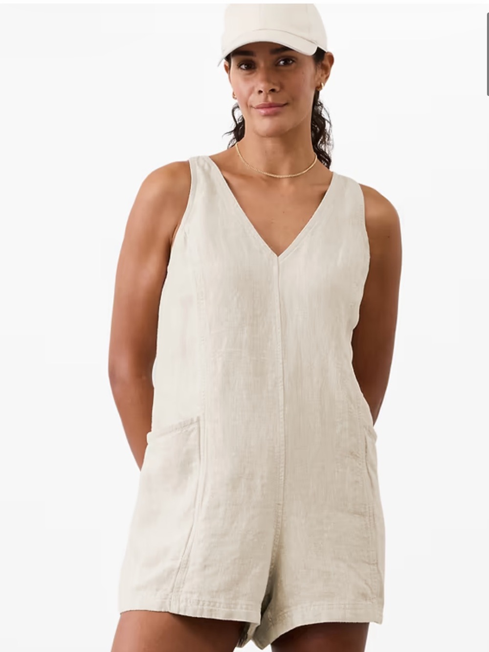 Athleta Cream Sleeveless V-Neck Linen Romper